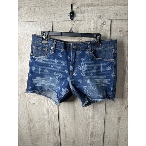 Bit & Bridle Womens Size 12 Blue Denim Aztec Print Frayed Hem Jean Shorts - Picture 1 of 6